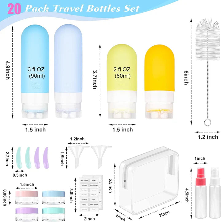 20Pcs Silicone Travel Bottles for Toiletries Kit, 3 Oz Tsa Approved Travel Toiletry Containers Leak Proof, Travel Size Bottles Shampoo and Conditioner, Refillable Squeeze Tubes Lotion Liquid Container
